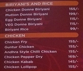 Shivaji Donne Biriyani Restaurant menu 