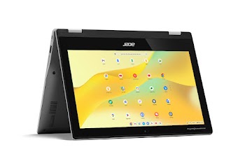 テントモードの Acer Chromebook Spin 311（アプリ画面が表示されている）。