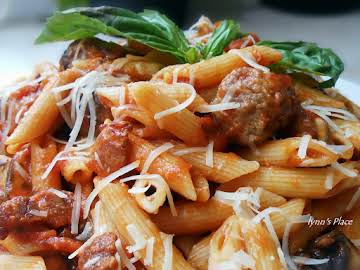 Sausage, Bacon & Mushroom Pasta with sauce