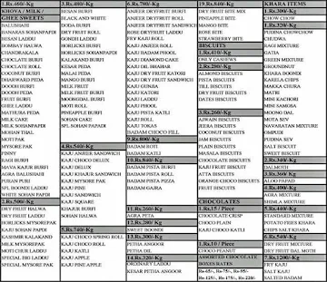 Kanti Sweets menu 