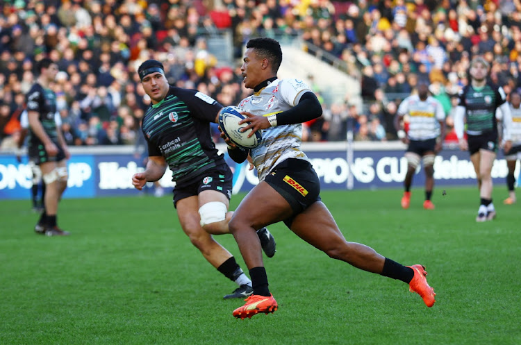 The Stormers' Angelo Davids runs through to score their fourth try in the Heineken Champions Cup match against London Irish at Brentford Community Stadium in London on January 15 2023.