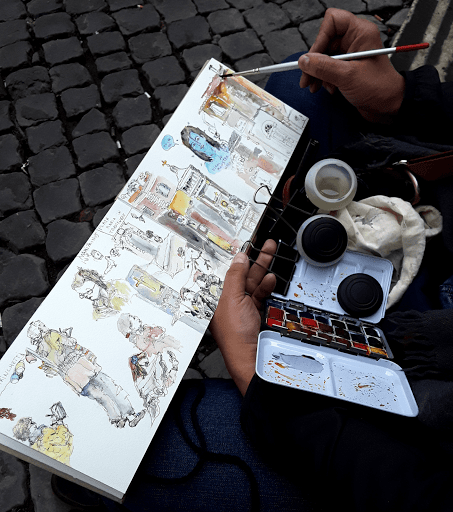 stage CARNET DE VOYAGE _ aquarelle  avec JEANNE PAPA_Rome 2019_ travaux des éléves_ Fontainebleau_ Seine et Marne