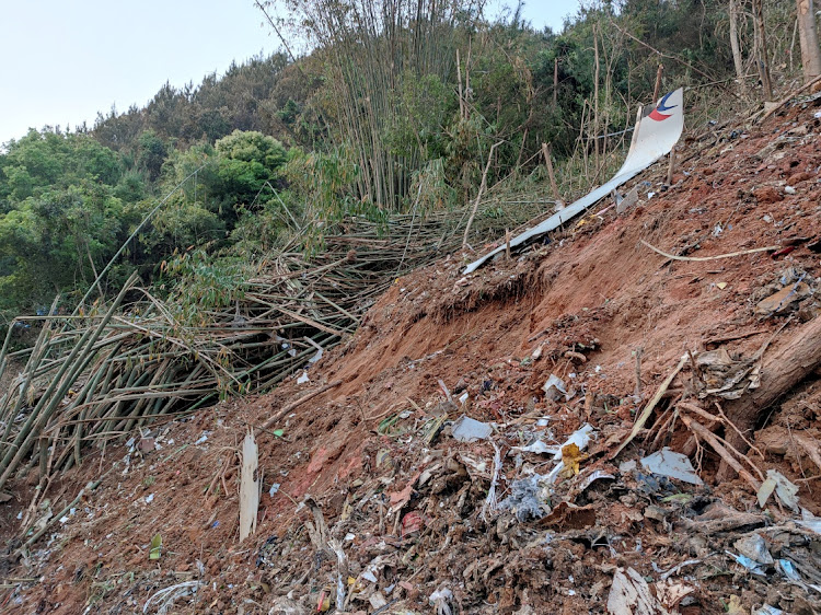 Plane debris is seen at the site where a China Eastern Airlines Boeing 737-800 plane flying from Kunming to Guangzhou crashed, in Wuzhou, Guangxi Zhuang Autonomous Region, China March 21, 2022.