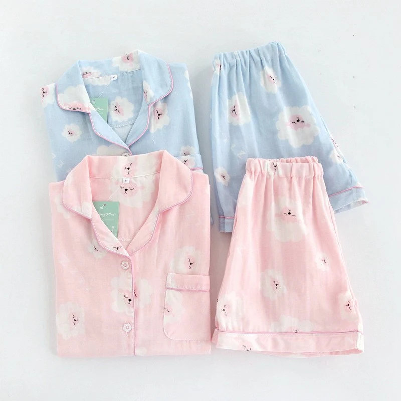 Spring And Summer Thin Cotton Gauze Ladies Home Leisure Suit Short Sleeve Shorts Thin Pajamas