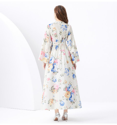 Title 8, Retro Printed V-neck Long Sleeve Big Hem Dress
