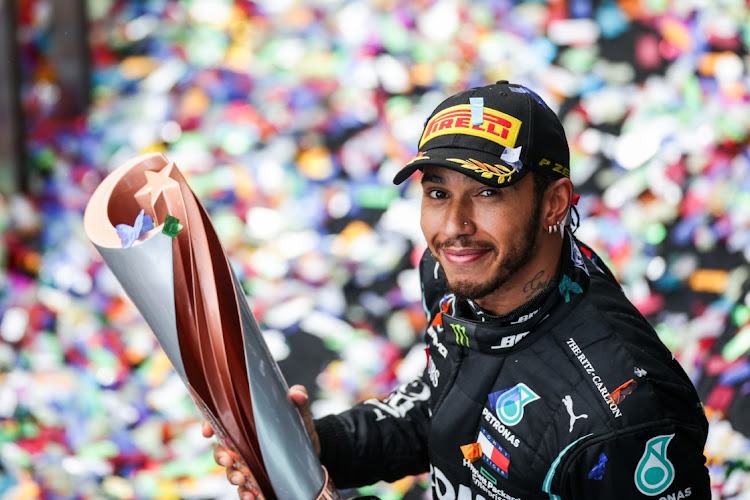 Lewis Hamilton of Mercedes and Great Britain after winning the F1 Grand Prix of Turkey at Intercity Istanbul Park on November 15, 2020