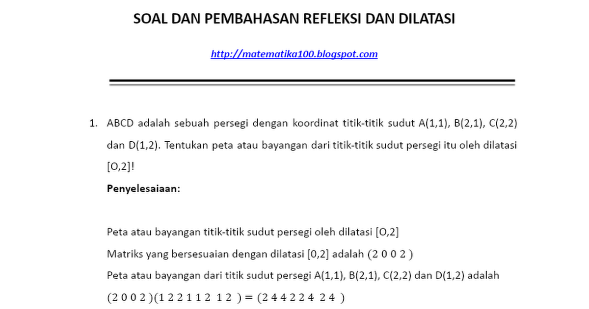 Soal Dan Pembahasan Refleksi Dan Dilatasi Matematika100 Blogspot