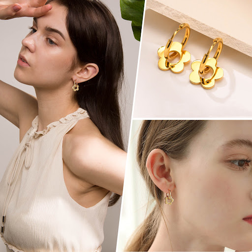 Title 5, Niche Design Flower Titanium Steel Earrings, hy...