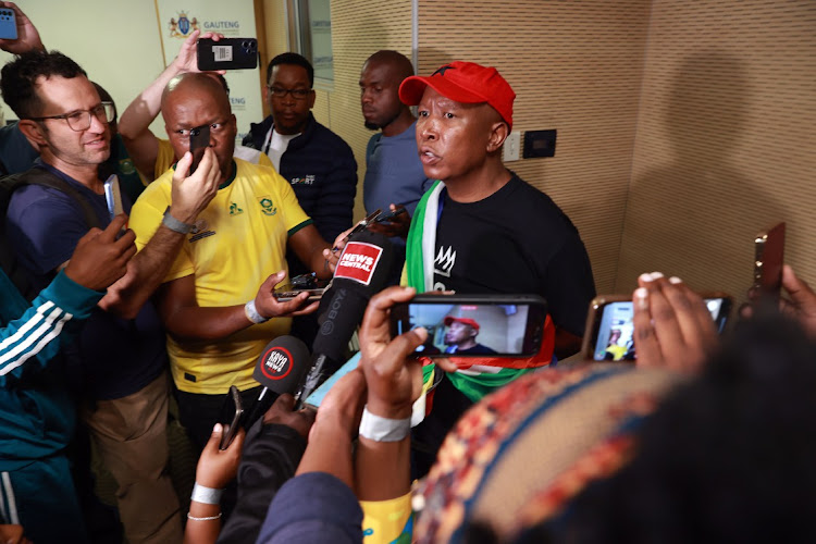 EFF leader Julius Malema speaks during Bafana Bafana's arrival at OR Tambo Airport International Airport on Wednesday.