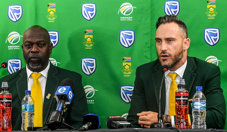 Ottis Gibson (Head Coach) and Faf du Plessis during the South African national men's cricket team arrival press conference at Media Centre, OR Tambo International Airport on July 08, 2019 in Johannesburg, South Africa.