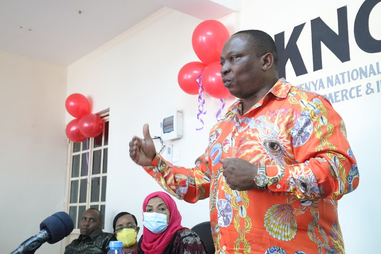 KNCCI President Richard Ngatia addresses members after officially opening the Kilifi county chamber offices in Malindi during his beginning of the coastal tour