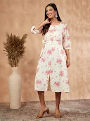 Off-White Floral Print A-Line Dress