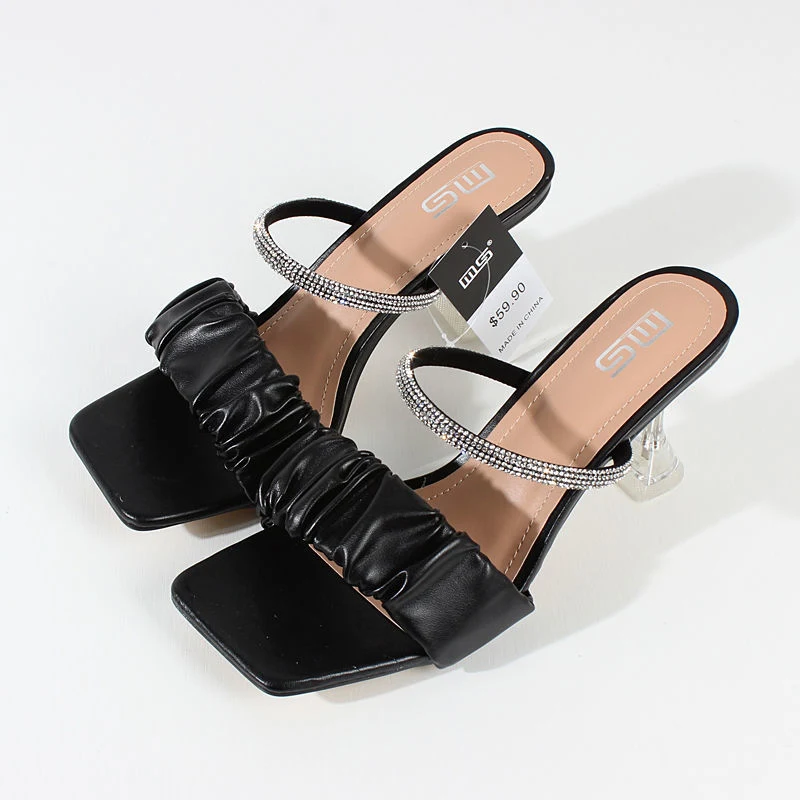Sandalias de tacón alto con pedrería, puntera cuadrada y tacón de aguja para mujer. Elegancia y comodidad en cada paso.
