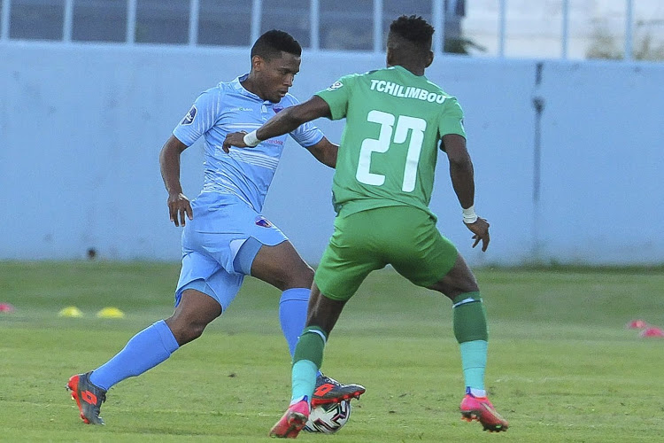 Chippa United's Thabiso Lebitso and Harris Tchilimbou of Bloem Celtic during the DStv Premiership 2020/21 game at Sisa Dukashe Stadium on Tuesday.