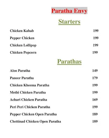 Paratha Envy menu 