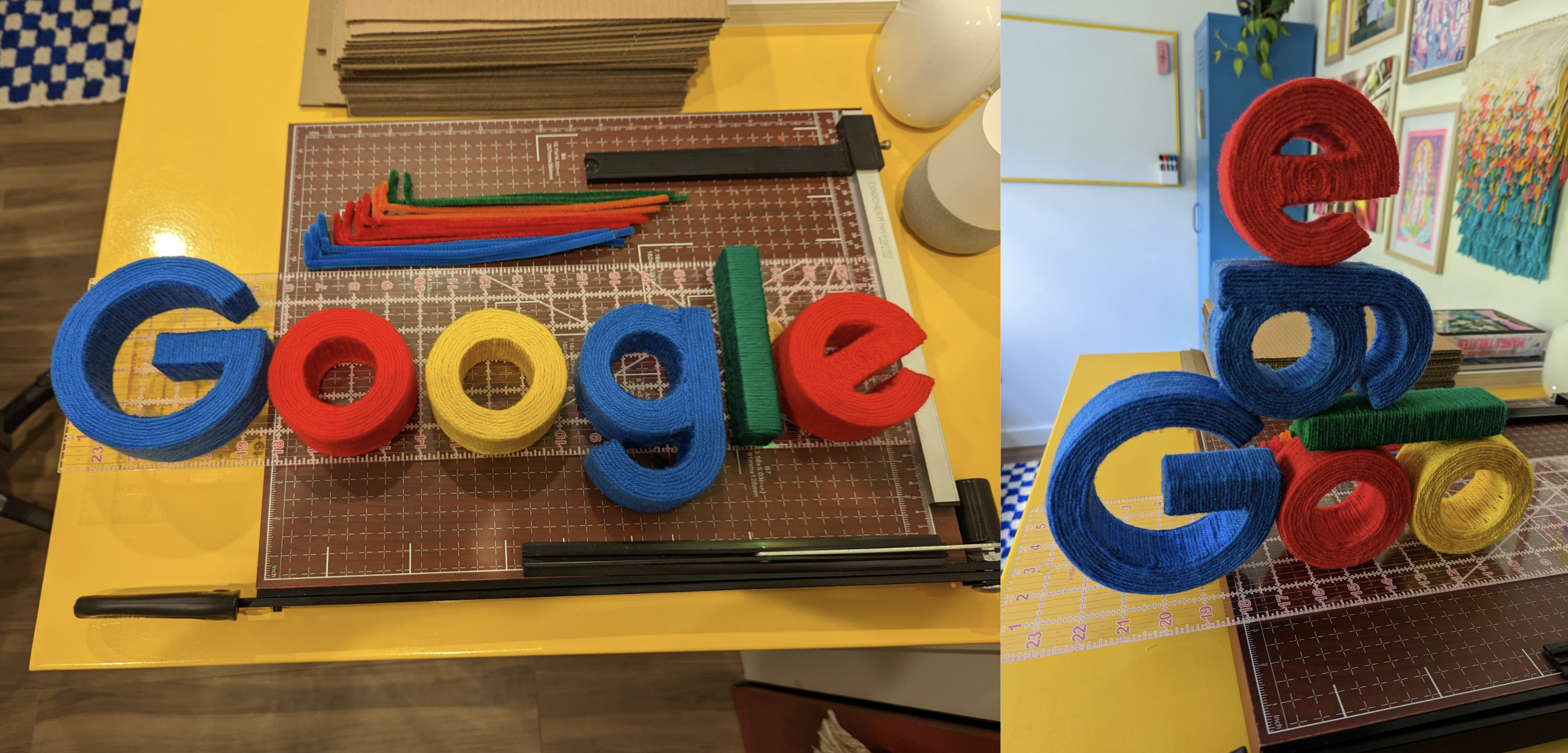 The finalized Google logo made from yarn