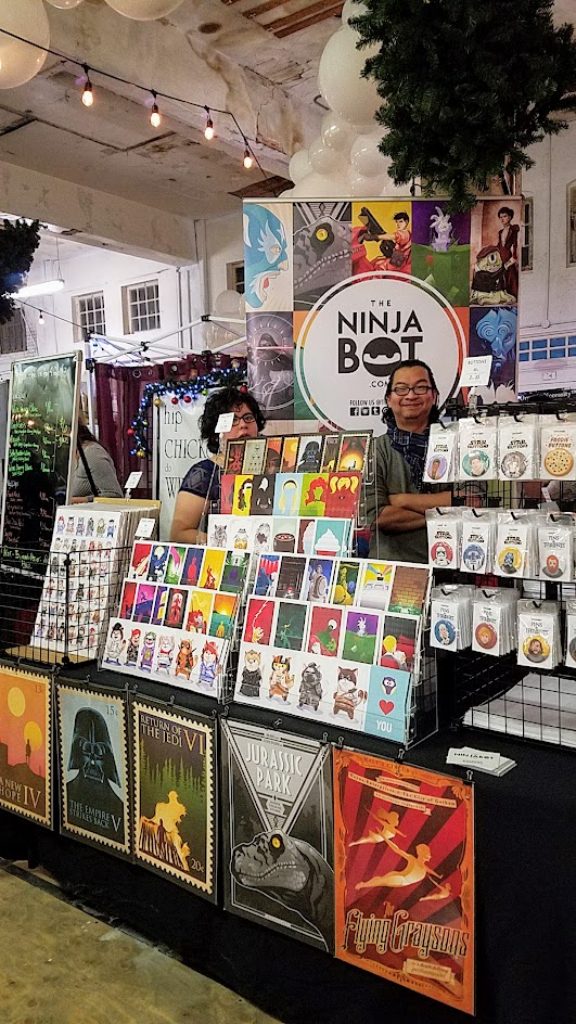 Ninja Bot booth as part of the vibe of the Portland Night Market, held every few months in the Central Industrial District in a warehouse, during the November 2016 market