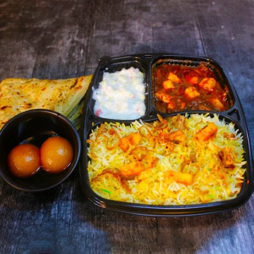 Paneer Masala + 2 Paratha + Veg Biryani + Raita + Dessert