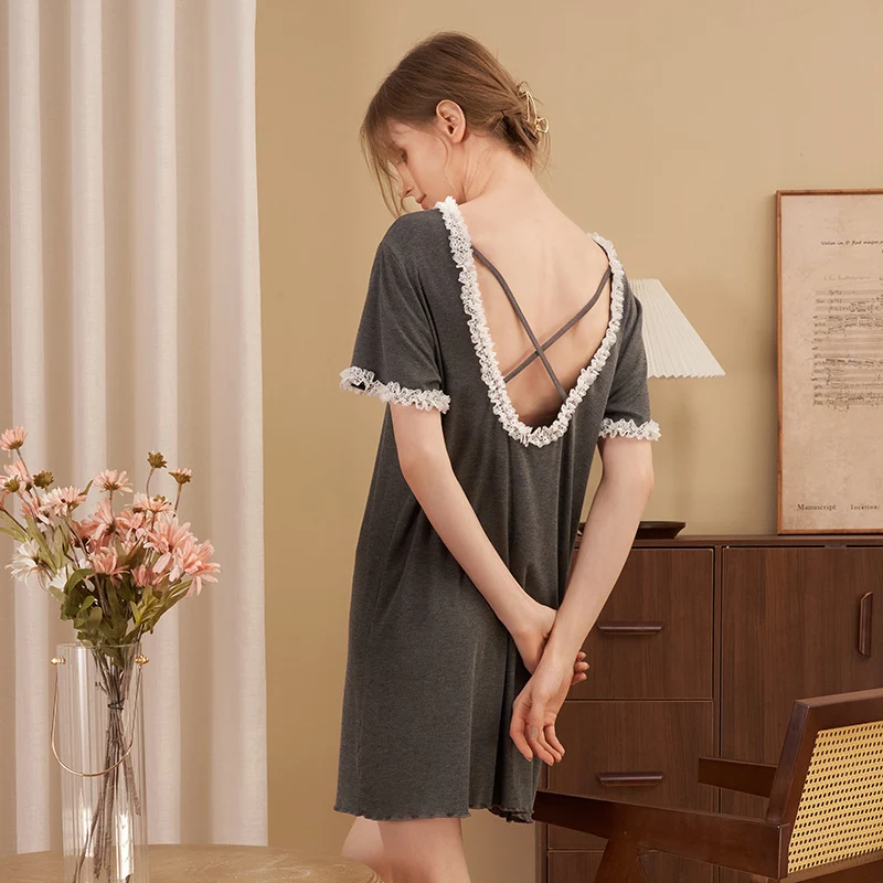 Title 2, Modal Nachthemd mit Rüschen Kurzarm Damenkleid ...