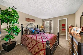 Cozy apartment bedroom with a red-patterned bedspread, wooden furniture, a potted plant, and a view into an adjoining room.