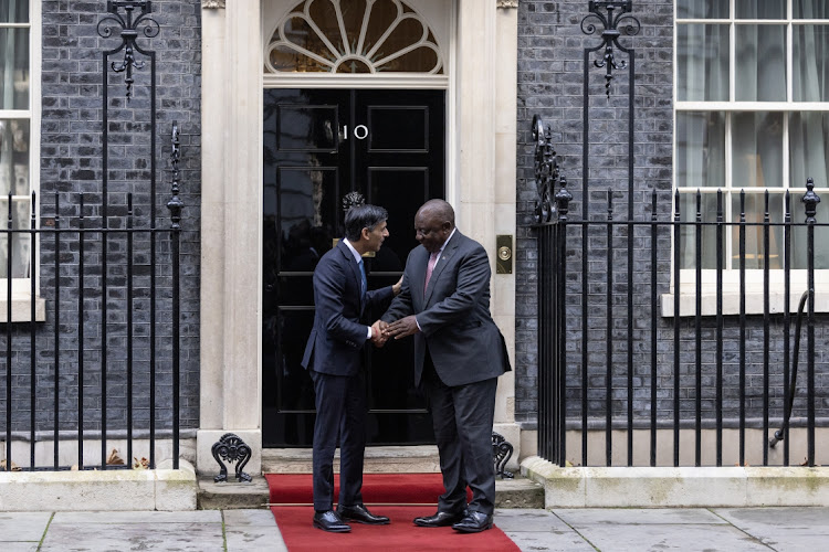 President Cyril Ramaphosa is greeted by British Prime Minister Rishi Sunak at 10 Downing Street on November 23, 2022 in London, England.