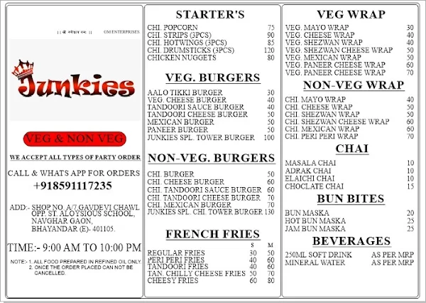 Junkies menu 