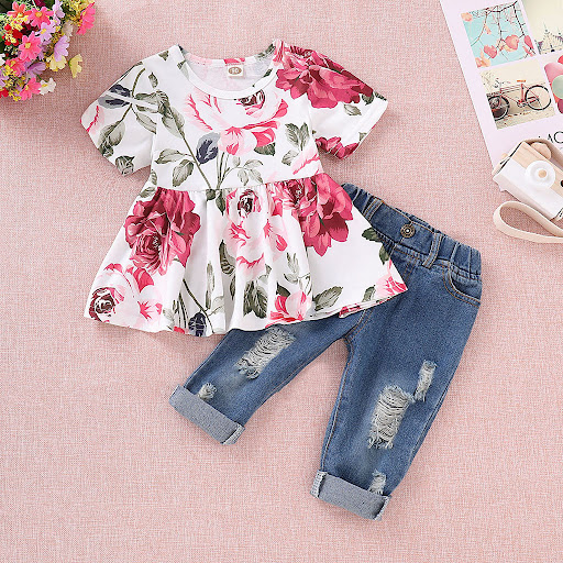 Title 19, Childrens rose top denim suit. A comfortable a...