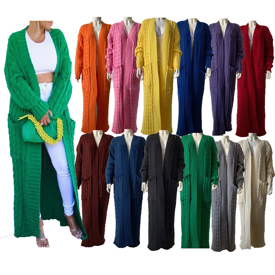Cardigan long en tricot avec poches, manteau épais, style européen et américain, idéal pour un confort et une élégance inégalés.