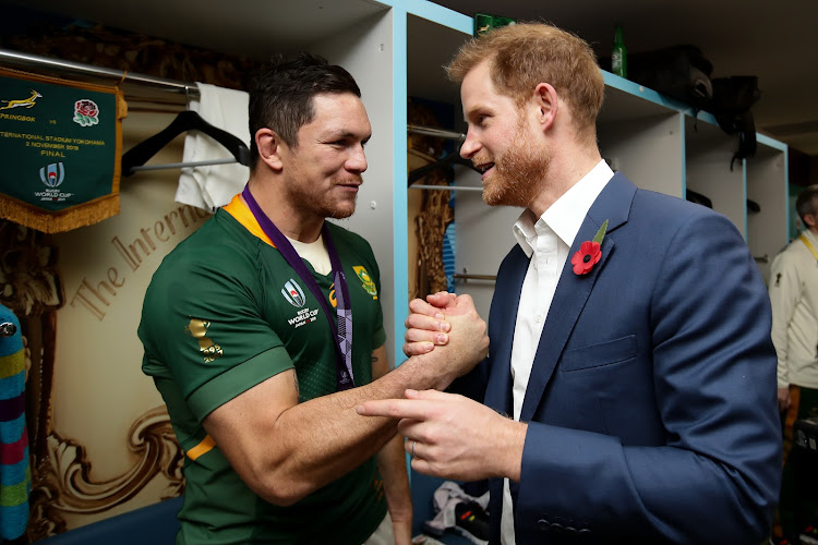 Francois Louw and Prince Harry after the Rugby World Cup 2019 Final match between England and South Africa at International Stadium Yokohama on November 02, 2019 in Tokyo, Japan.