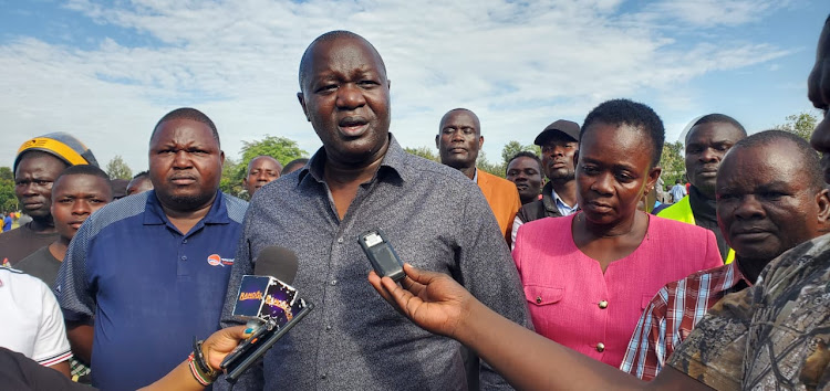 Kisumu Senator Prof Tom Ojienda during Senator’s super cup tournament at Kit Mikayi in Seme subcounty on Thursday.