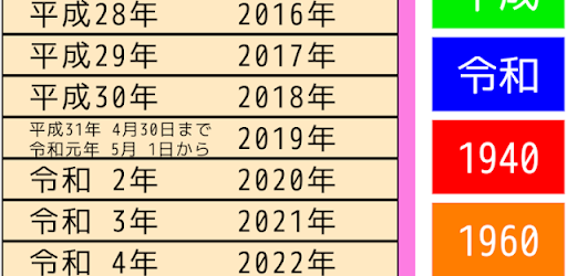 和暦西暦一覧表　一発令和