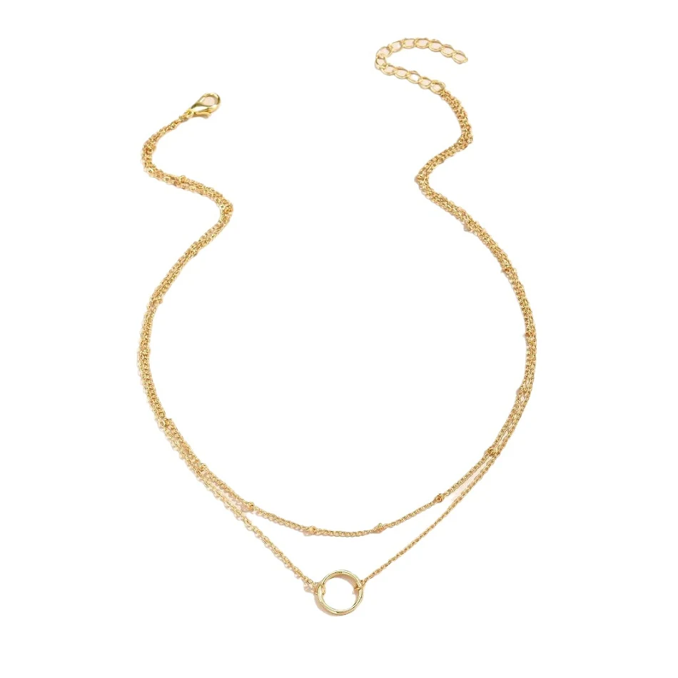 Collar para niña con colgante de anillo redondo simple, cadena multicapa, un accesorio elegante y versátil para cualquier ocasión.