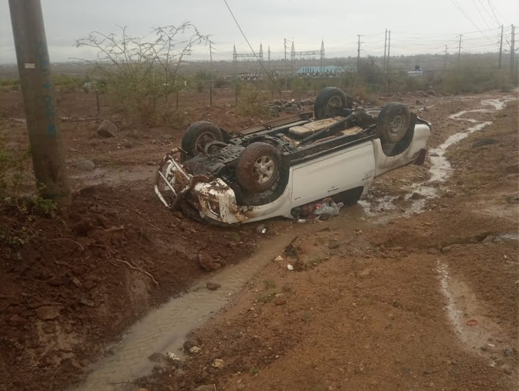 Pius Musembi's car at the scene of the accident along Nairobi-Mombasa highway at Green Park Gardens area in Athi River, Machakos county on Sunday, March 26, 2023.