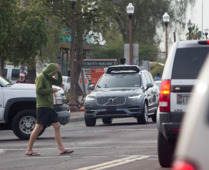 A self-driving Volvo vehicle, purchased by Uber, stops at an intersection in Tempe, Arizona. Picture: REUTERS