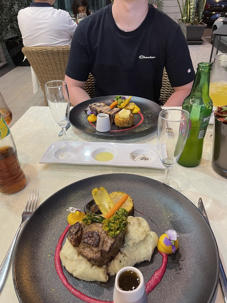 Fillet Steak with Foie Gras Medallion (closest) and Rump Steak in Garlic (back)