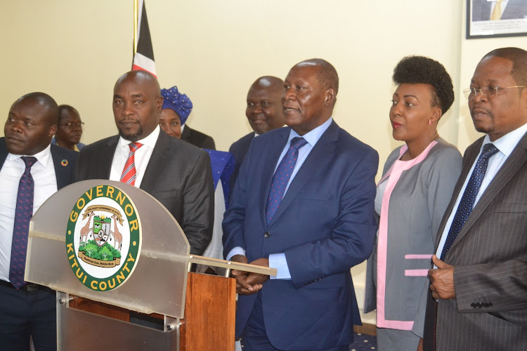 Senator Enoch Wambua and governor Julius Malombe whwn they addressed the media on Wednesday.