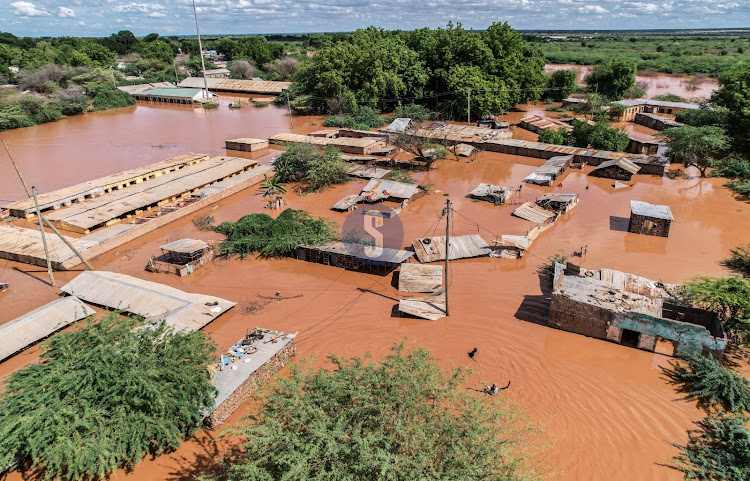 Homes submerged in water due to flooding after River Tana burst its banks on April 27, 2024.