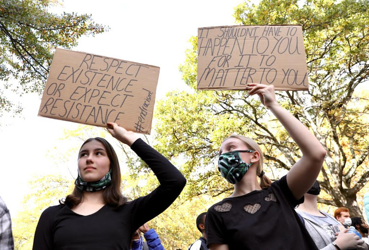 Marchers prepare to head to the Stellenbosch University administration building on May 19 2022.