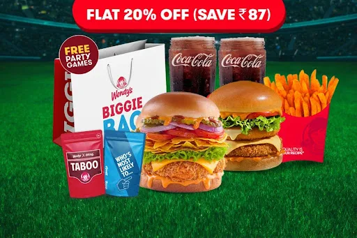 Flat 20% Off On 2 Premium Veg Burgers + Fries + 2 Beverages