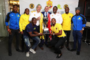 Sibusiso Vilakazi of Mamelodi Sundowns, Siphiwe Tshabalala of Kaizer Chiefs, Hlompho Kekana of Mamelodi Sundowns, Anton Niemann, Shell Downstream SA General Manager, Jacques Grobbelaar, CEO SMSA, Bernard Parker of Kaizer Chiefs, Hlomiphizwe Mtolo, Shell Companies South Africa Chairman, Ramahlwe Mphahlele of Kaizer Chiefs and George Lebese of Mamelodi Sundowns during the launch of the 2018 Shell Helix Ultra Cup presented by SMSA at FNB Stadium, Johannesburg on 28 May 2018.