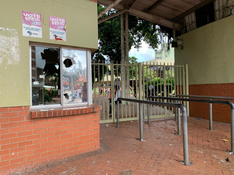 The entrance to DUT's Steve Biko campus was damaged during violent protests between members of the EFF Students Command and security guards on Tuesday. Third-year student Mlungisi Madonsela was shot dead during the scuffle.