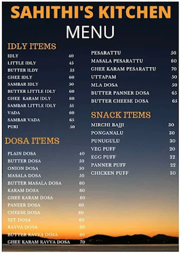 Sahithi's Kitchen menu 