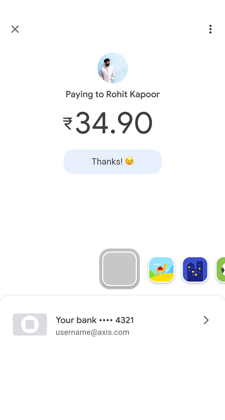 A successful personal transaction screen on Google Pay