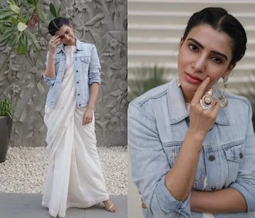 Denim jacket on saree