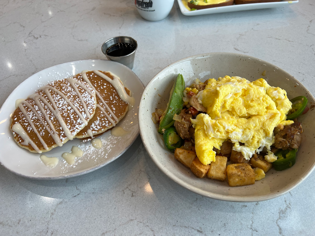 A skillet and non gluten free pancakes, but all can be made gluten free