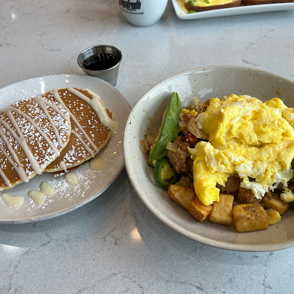 A skillet and non gluten free pancakes, but all can be made gluten free