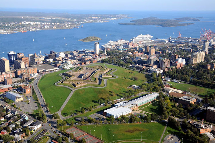 An aerial shot of downtown Halifax, Nova Scotia, and the surrounding bay. 