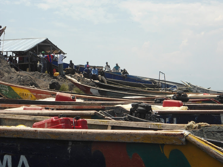 Boats moored at Migingo Island in Lake Victoria