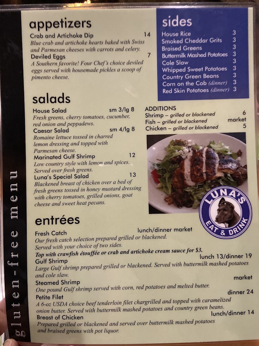 Luna's Eat & Drink gluten-free menu