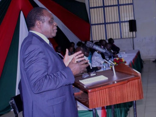 Acting Moi University VC Professor Laban Ayiro addressing a meeting at the university on May 31st